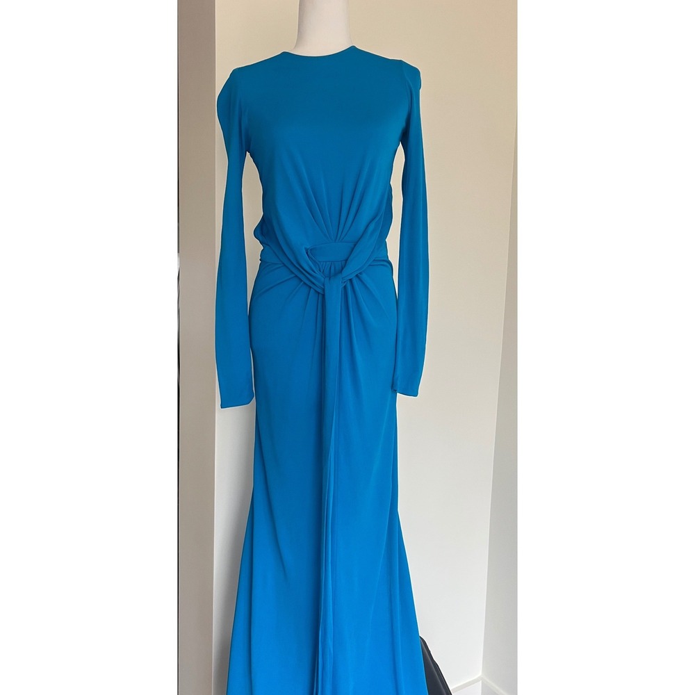 ISSA London Cerulean Blue Twist Front Open Back Long Sleeve Maxi Gown Dress - Picture 2 of 10
